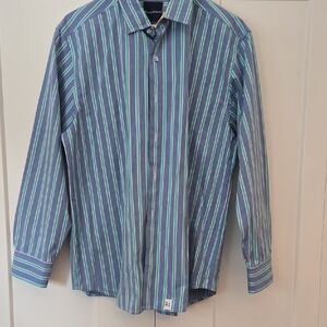 Tommy Bahama Blue and Green Striped Button-Down Shirt 100% Pima Cotton